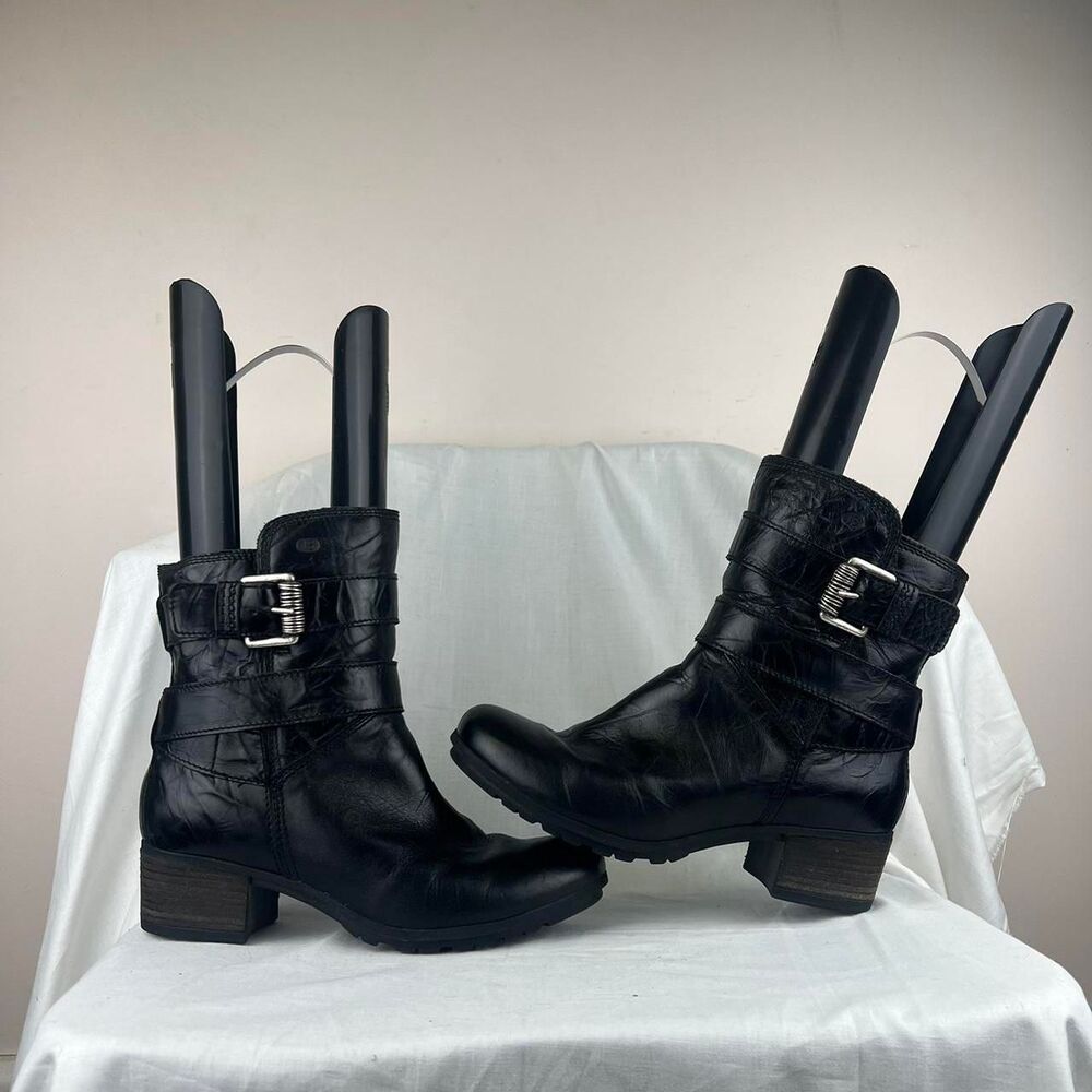 Josef Seibel Black leather Biker Boots With Silver Buckle Detail Size 9